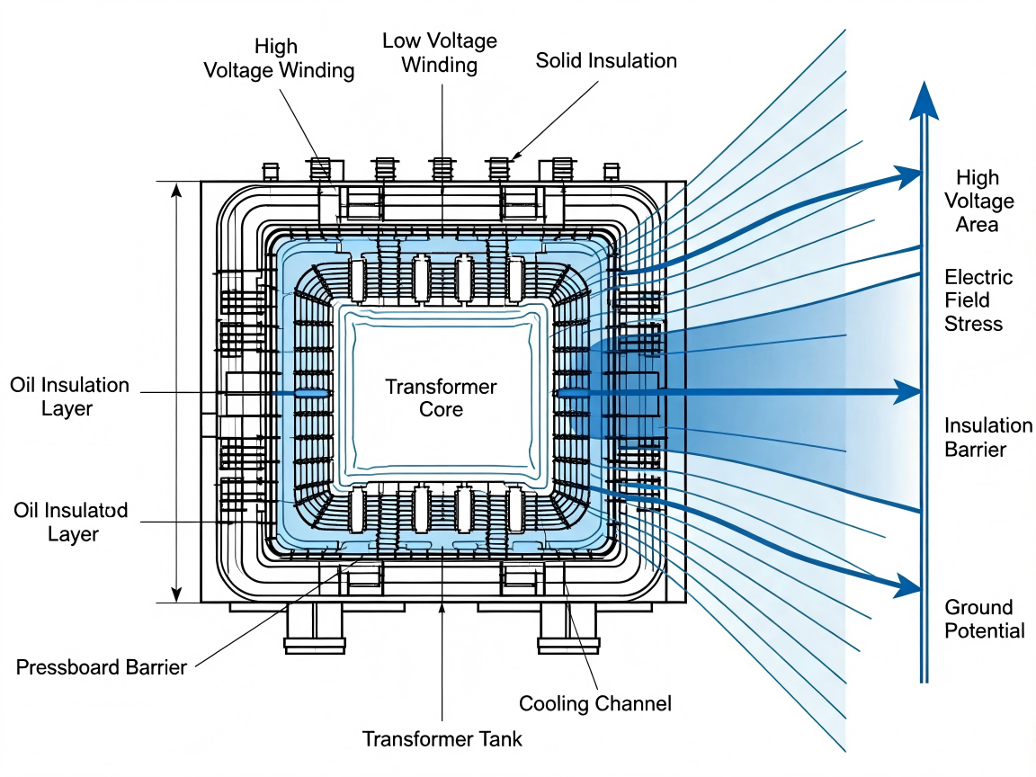Transformer insulation system structure showing winding insulation oil insulation and electric field distribution