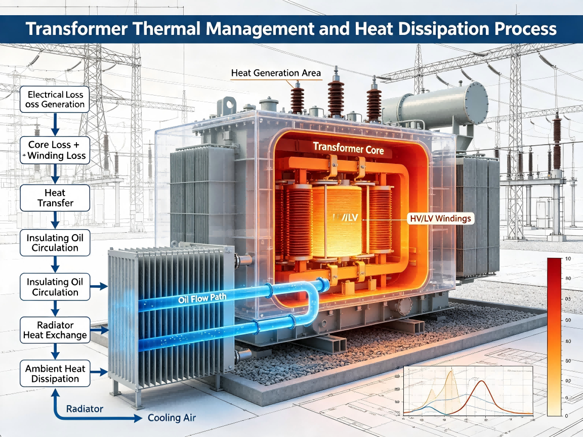 Transformer thermal management system showing heat generation, oil circulation and heat dissipation process