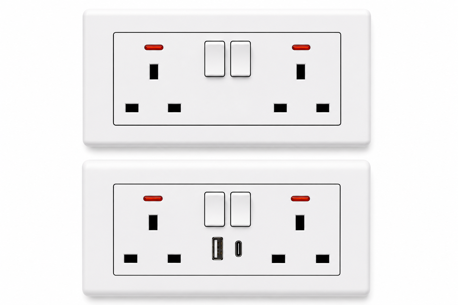 White Wall-Mounted Dual British Standard Switched Power Socket with USB-A and USB-C Charging Ports