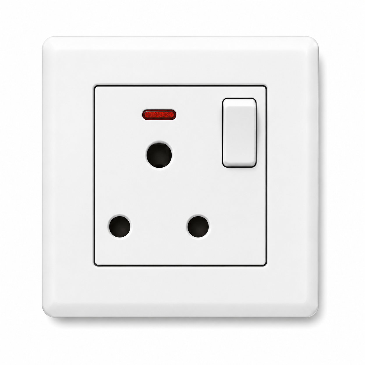 White Wall-Mounted South African Switched Power Socket with Neon Indicator