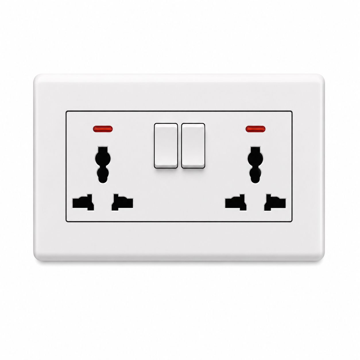 White Wall-Mounted Dual Multi-Standard Switched Power Socket with Neon Indicators