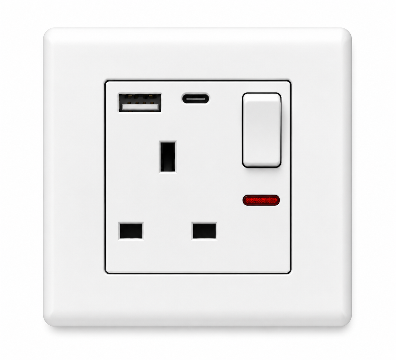 White Wall-Mounted British Standard Switched Power Socket with USB-A and USB-C Charging Ports