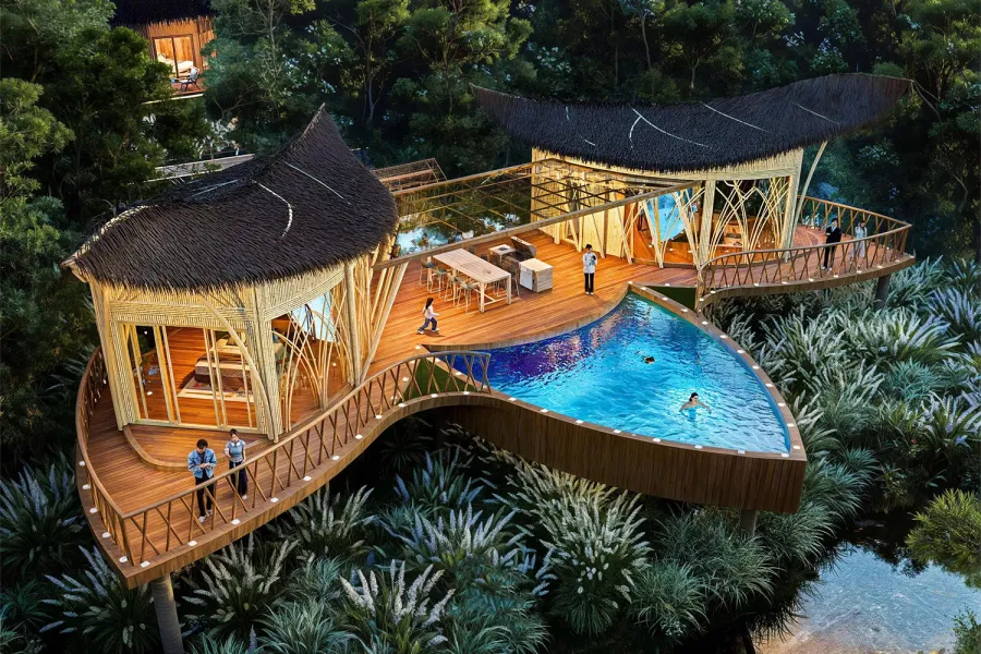 Tea-Inspired Aluminum Villa with Curved Thatched Roof Waterproof Design for Lakeside Luxury Experience & Nature Viewing