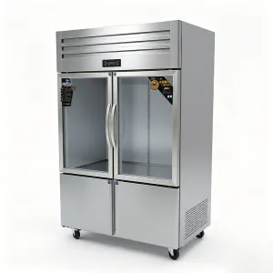 ตู้เย็นอุณหภูมิคู่ 4 ประตูพร้อมประตูกระจกด้านบนสำหรับใช้ในห้องครัวเชิงพาณิชย์