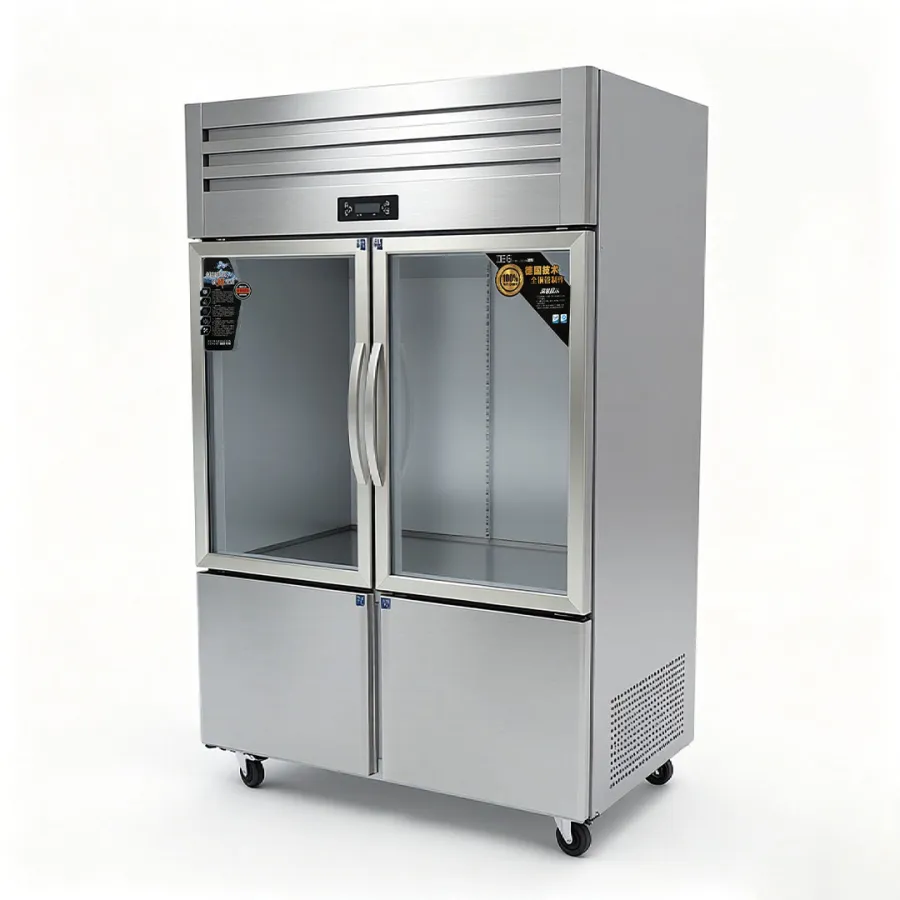 ตู้เย็นอุณหภูมิคู่ 4 ประตูพร้อมประตูกระจกด้านบนสำหรับใช้ในห้องครัวเชิงพาณิชย์