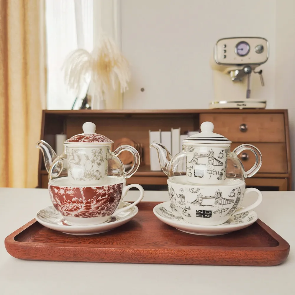 English Style Borosilicate Glass Teapot Gift Set with Cup Saucer & Infuser