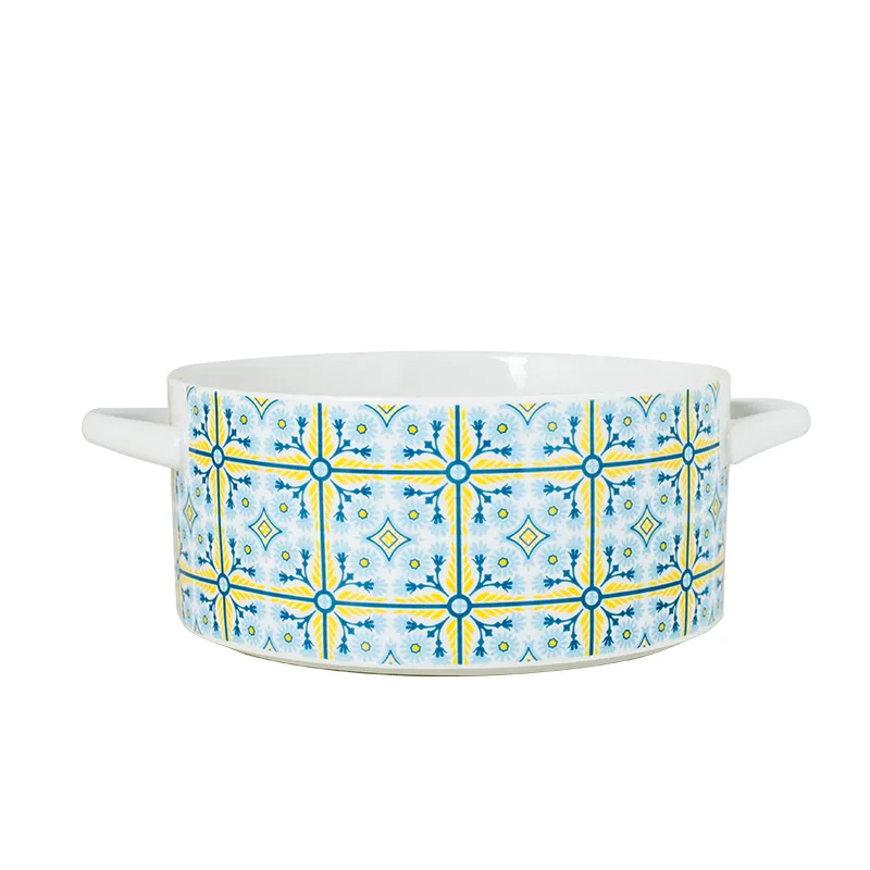 Bohemian Double Grips Porcelain Noodle Bowl 17 Ounce Salad Bowl Set