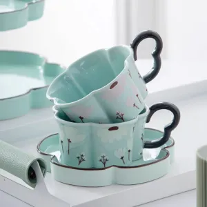 Green Cherry Coffee Cup and Saucer Set Porcelain Mint Color Tea Set for Wedding Gift