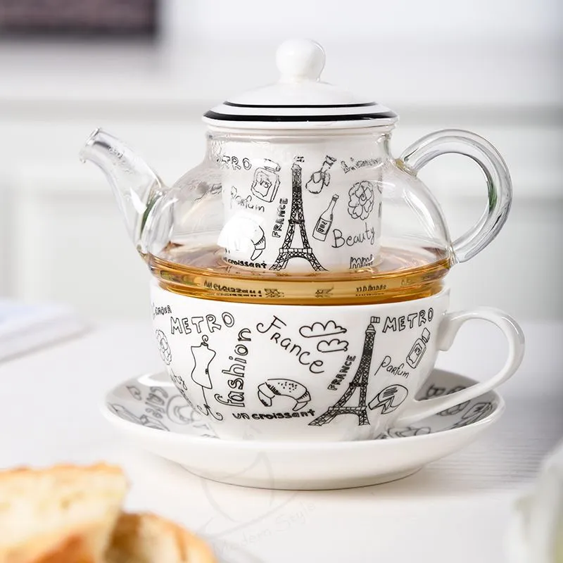 Wholesale Glass Tea Pot and Cup Set Porcelain Teapot for One With Infuser Strainer