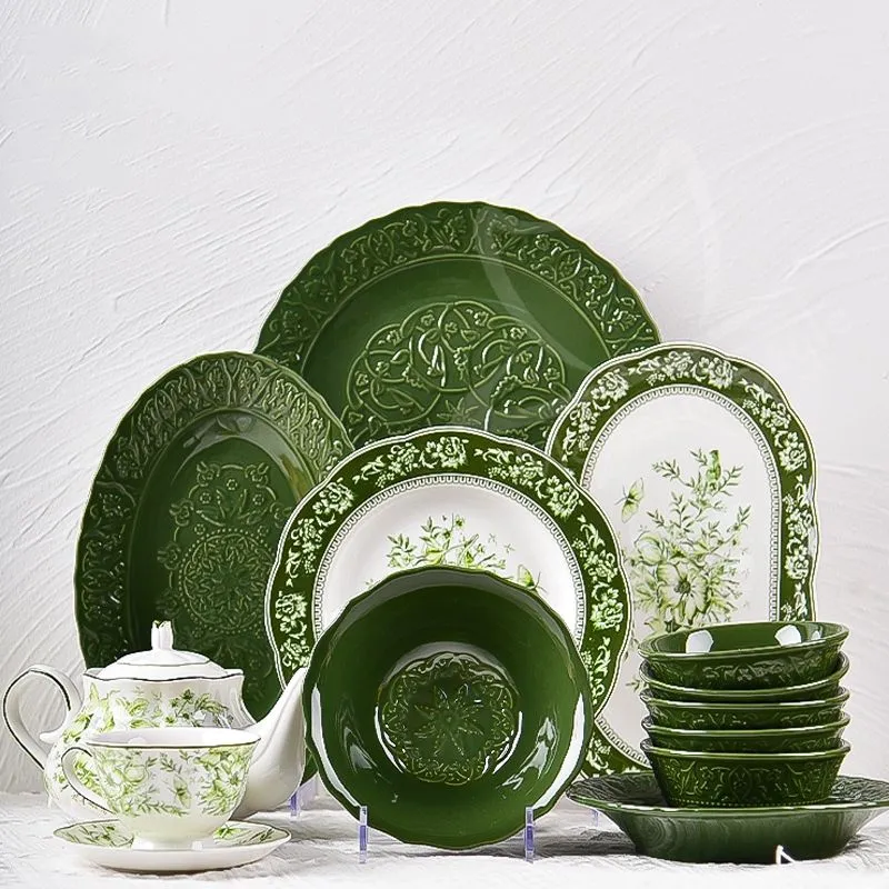 Original Design French Retro Dark Green Ceramic Tableware  Including Bowl Plate Coffee Cup Teapot Luxury Style