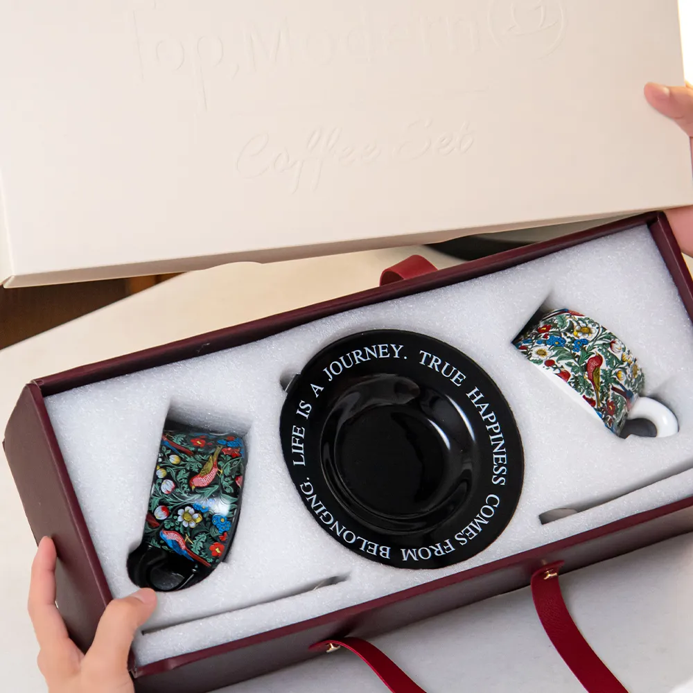 250ml Ceramic Cup and Saucer Set with Gift Box Ins Design White Black Color 2 Sets Per Pack