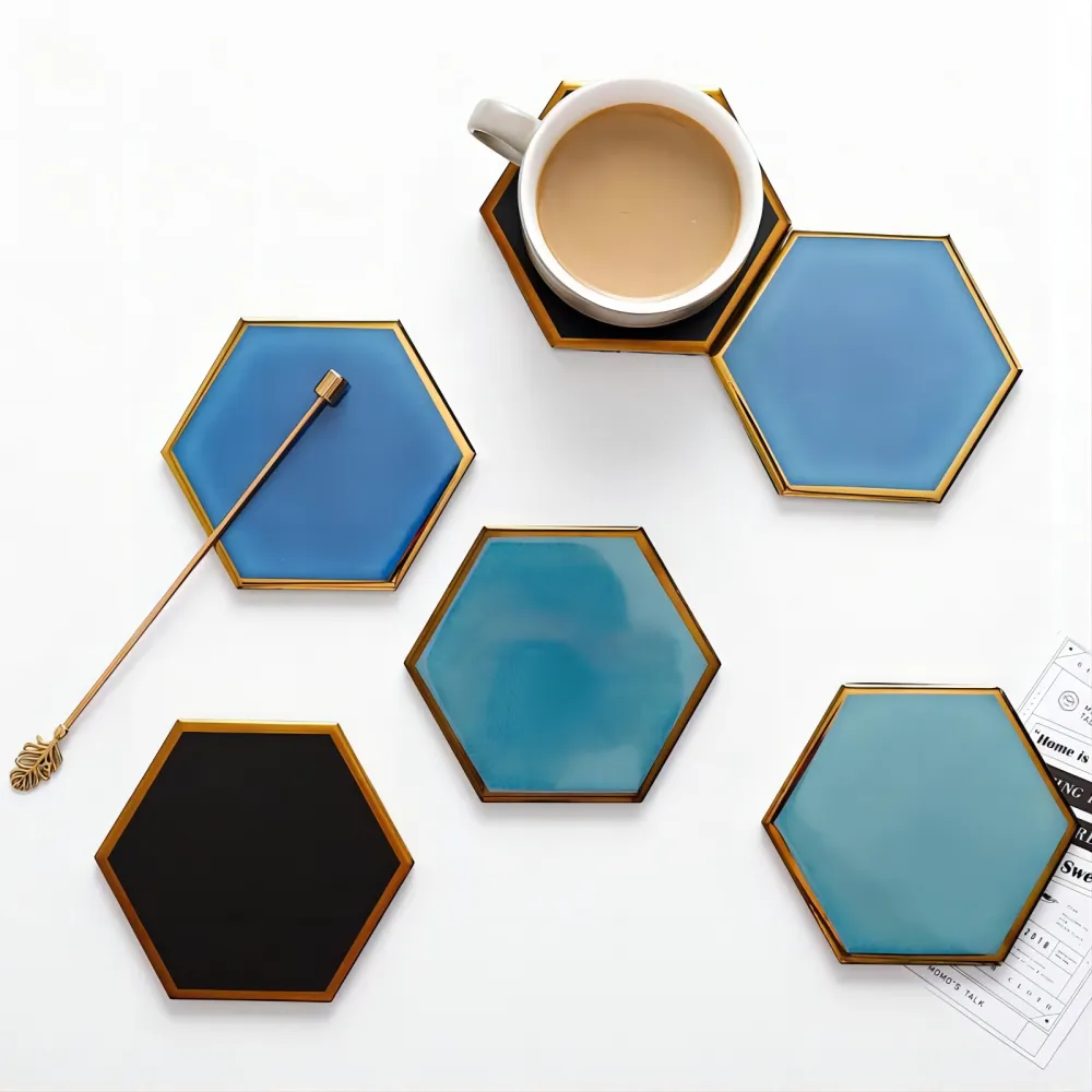Ceramic Hexagon Coaster Gold Rim Mat Waterproof Heat-insulated Decoration