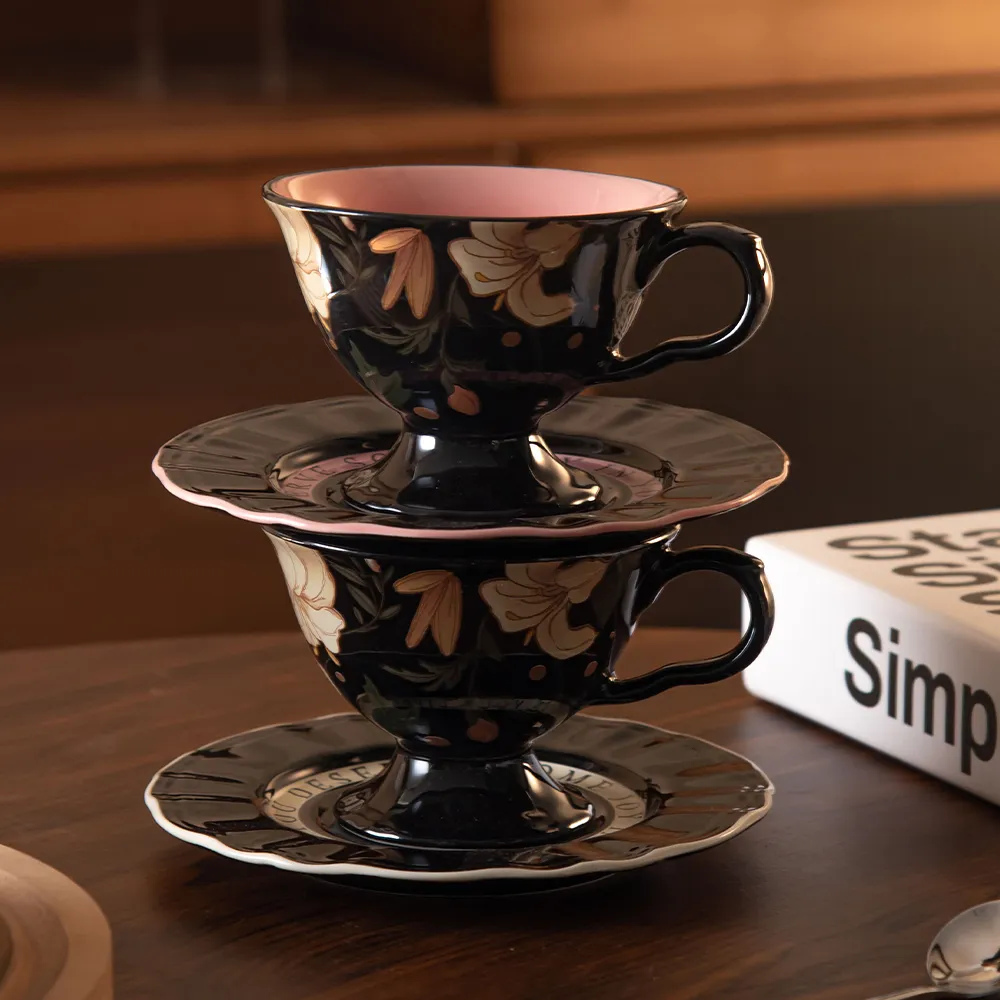 Ceramic Coffee Cup and Saucer Set with Floral Fantasy Garden Design