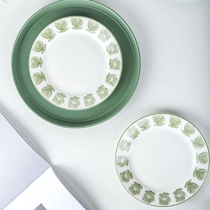 Porcelain Green Plates Flower Nordic Dish Ceramic Set