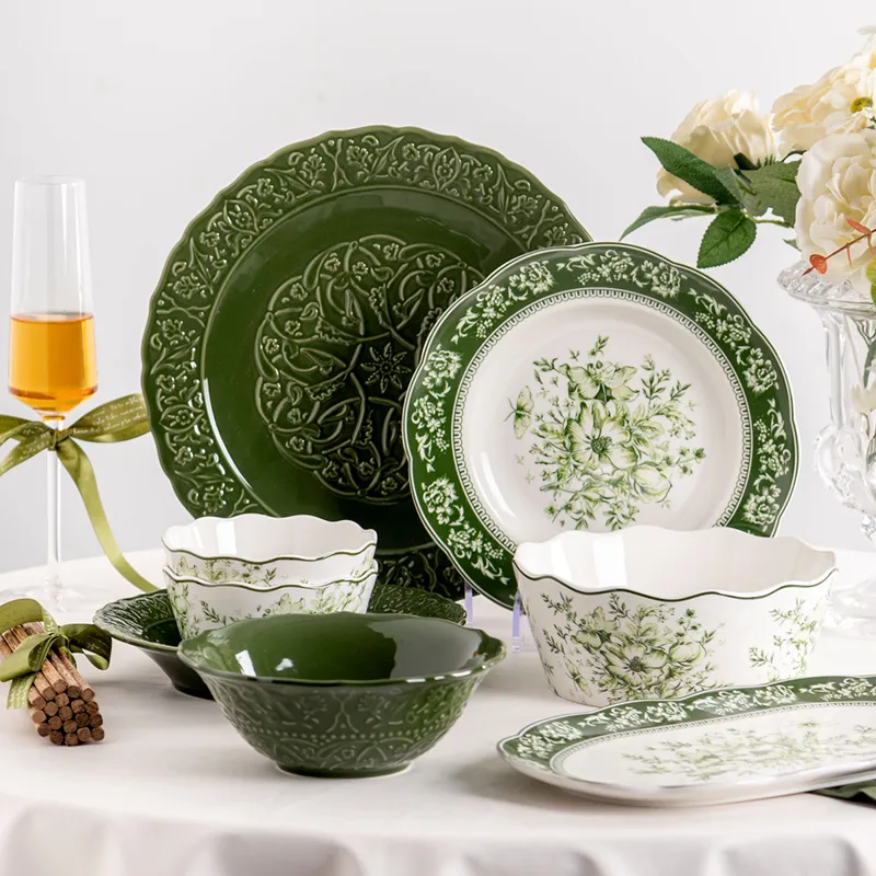 Green Crokery Dinnerware Sets Porcelain European Dinner Set