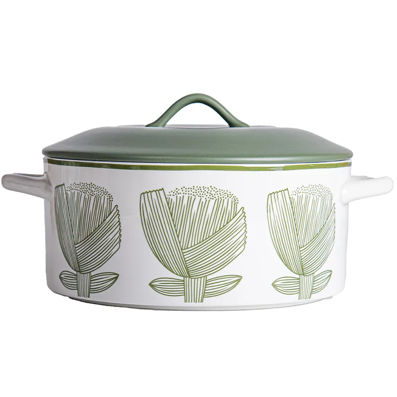 Alice 60 oz 10 Inch Ceramic Baking Pan and Soup Bowl Set with Handles and Decal Pattern