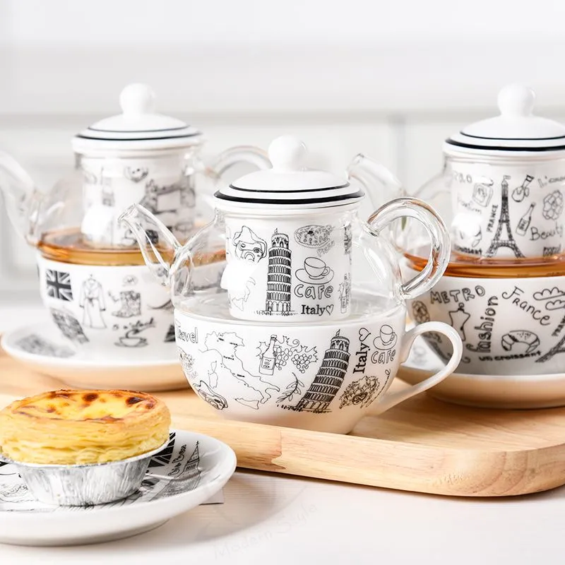 Unique Glass & Ceramic Teapot Gift Set for One with Cup and Saucer