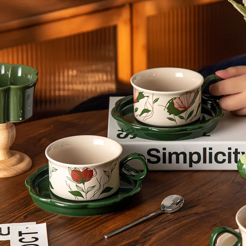 250ml Nordic Turkish Vintage Flower Ceramic Coffee Milk Tea Cups Saucer Set for Party and Wedding
