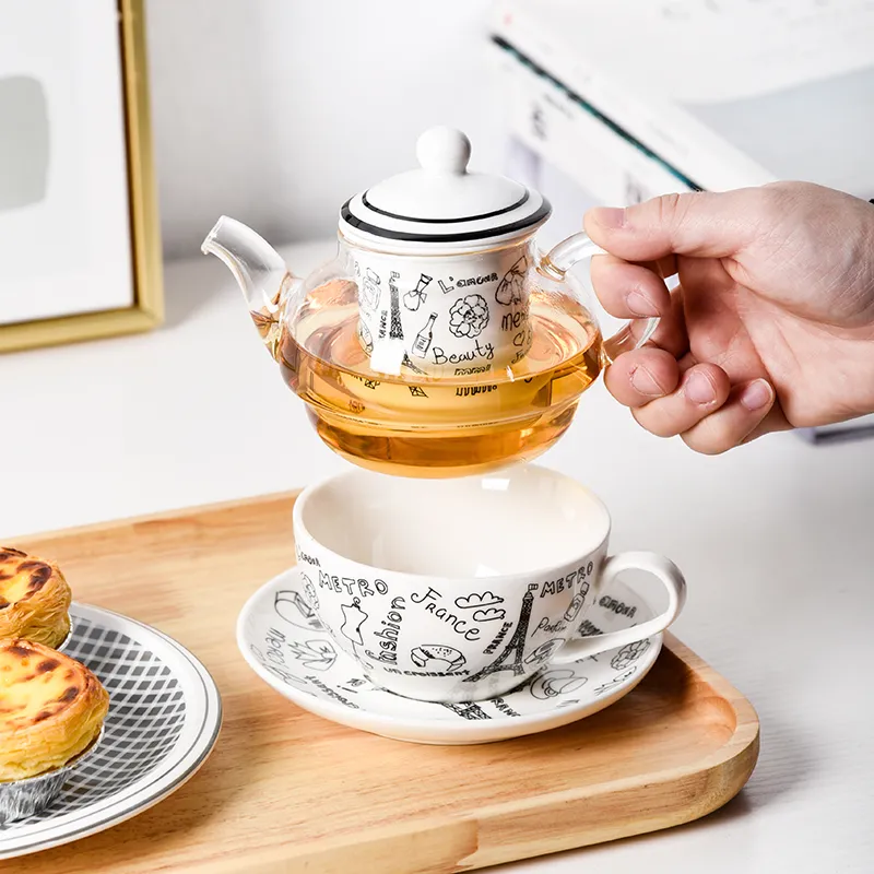 European Ceramic Tea Infuser Glass Teapot and Cup Set