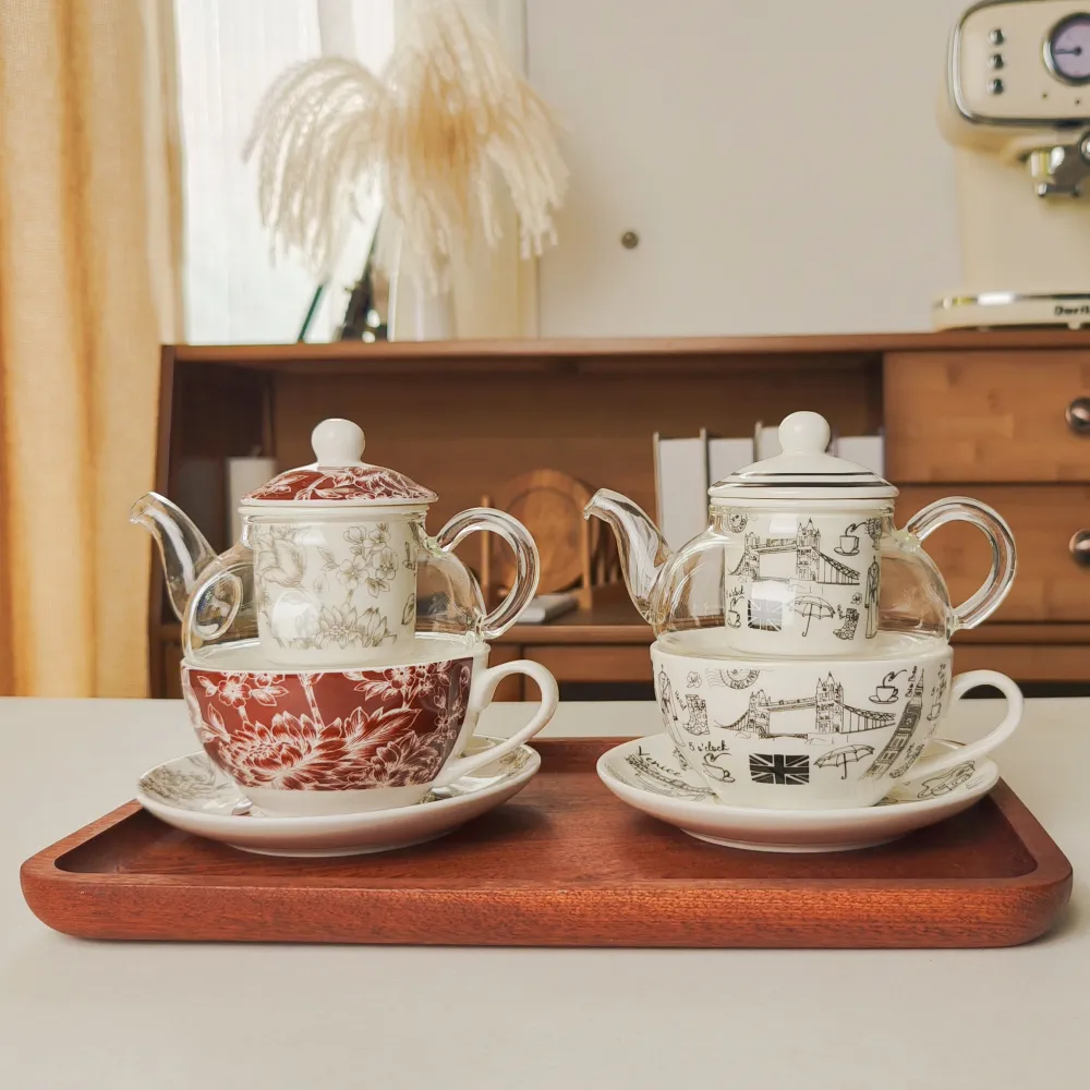 German-Style Double Teapot Set Ceramic & Glass with Cup and Saucer