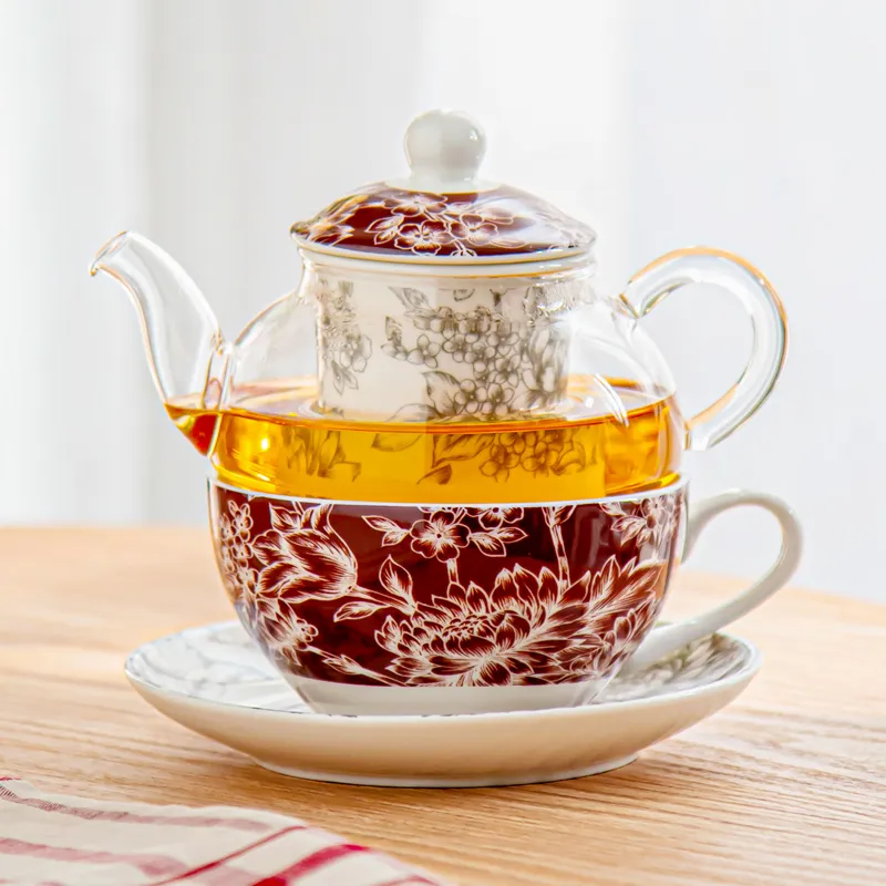 European Style Glass Teapot for One Ceramic Tea Cup Set with Saucer