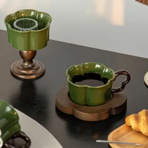 Elegant Green Ceramic Cup with Dark Wooden Coaster Modern Green Tea Cup and  Saucer