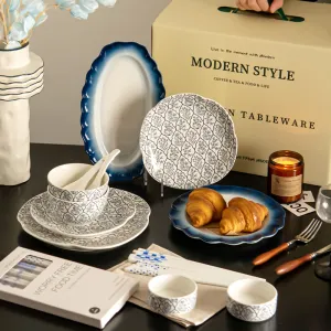 Porcelain Dinnerware Set Service for 10 People Blue and White Premium Tableware