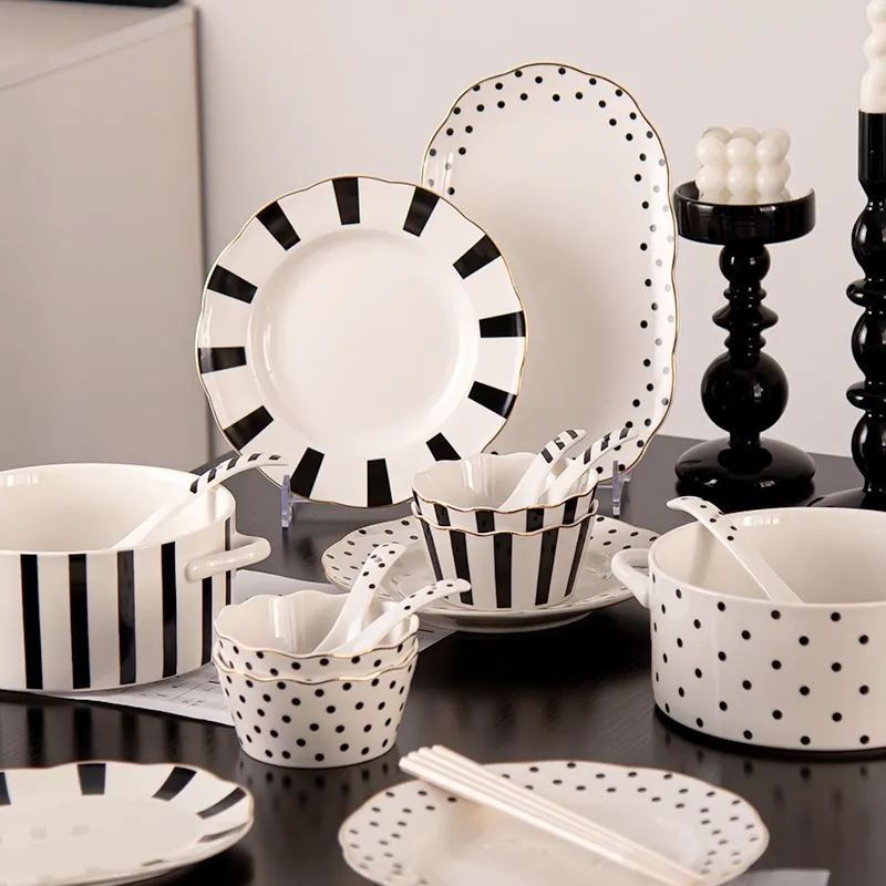 Simple Design Ceramic Tableware Nordic Plate Soup Salad Bowls Spoons Wave Point Geometry Dinner Set