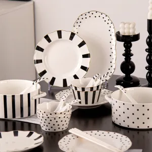 Simple Design Ceramic Tableware Nordic Plate Soup Salad Bowls Spoons Wave Point Geometry Dinner Set