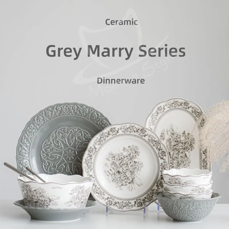 Wholesale Embossed Dinnerware Set Retro Ceramic Bowl & Plate