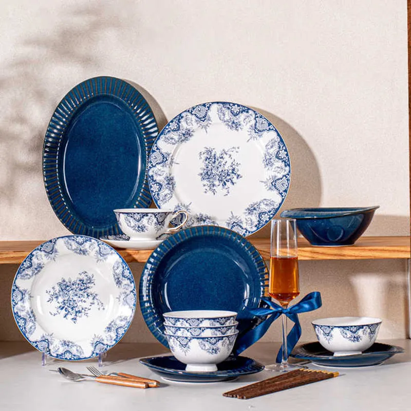 Bone China Ceramic Blue Dinnerware Set For Premium Gift