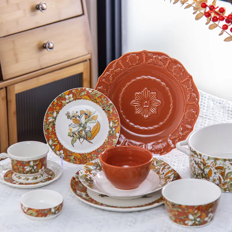 Brand New Vintage Turkish Ceramic Dinner Set with Floral Design in Orange Porcelain Floral Dinner Plates