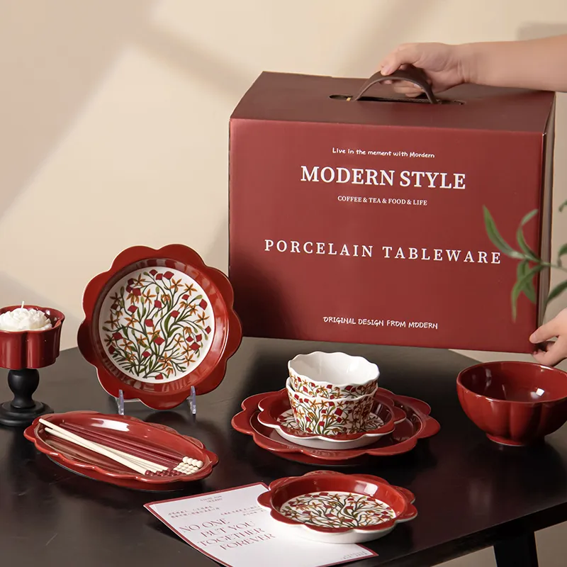Red Floral Porcelain Dinnerware Modern Set with Plates Bowls