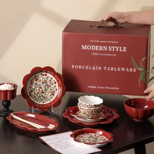 Red Floral Porcelain Dinnerware Modern Set with Plates Bowls