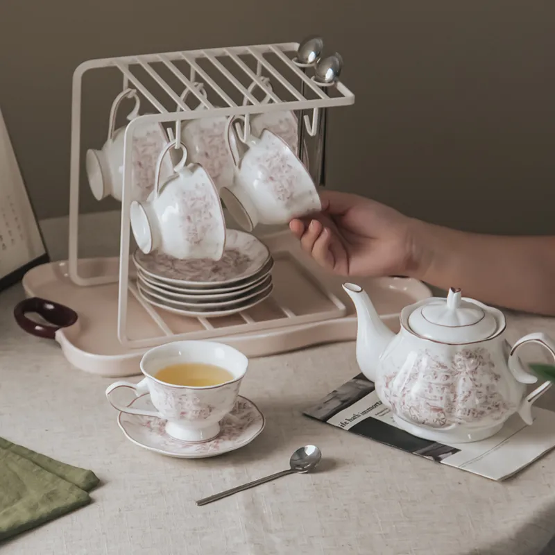 Ceramic Flowers Elegant Coffee Tea Cup with Teapot and Plate-Purple Mary
