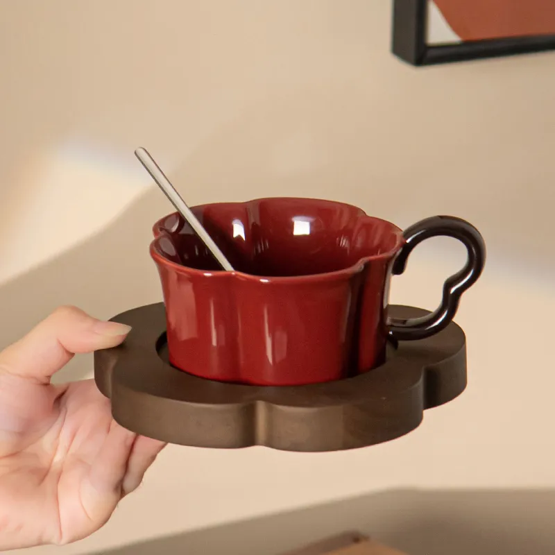 Elegant Red Coffee Mug Set with Black Handle Stylish Wood Saucer