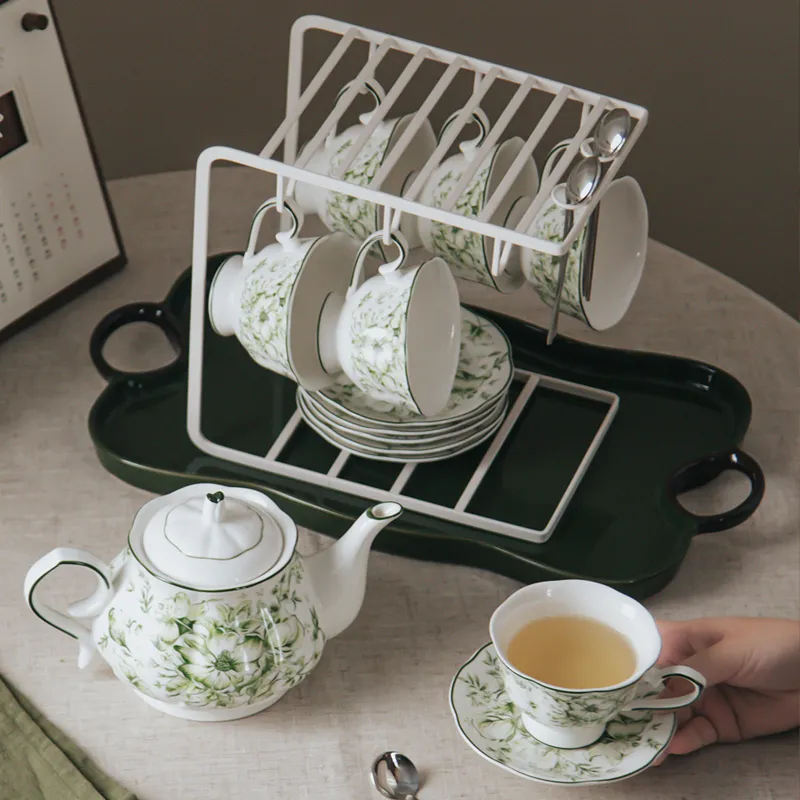 European Luxury Ceramic Tea  Pot Cup and Saucer Set Servings 6 -Green Mary