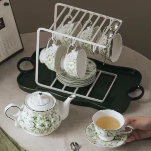 European Luxury Ceramic Tea  Pot Cup and Saucer Set Servings 6 -Green Mary