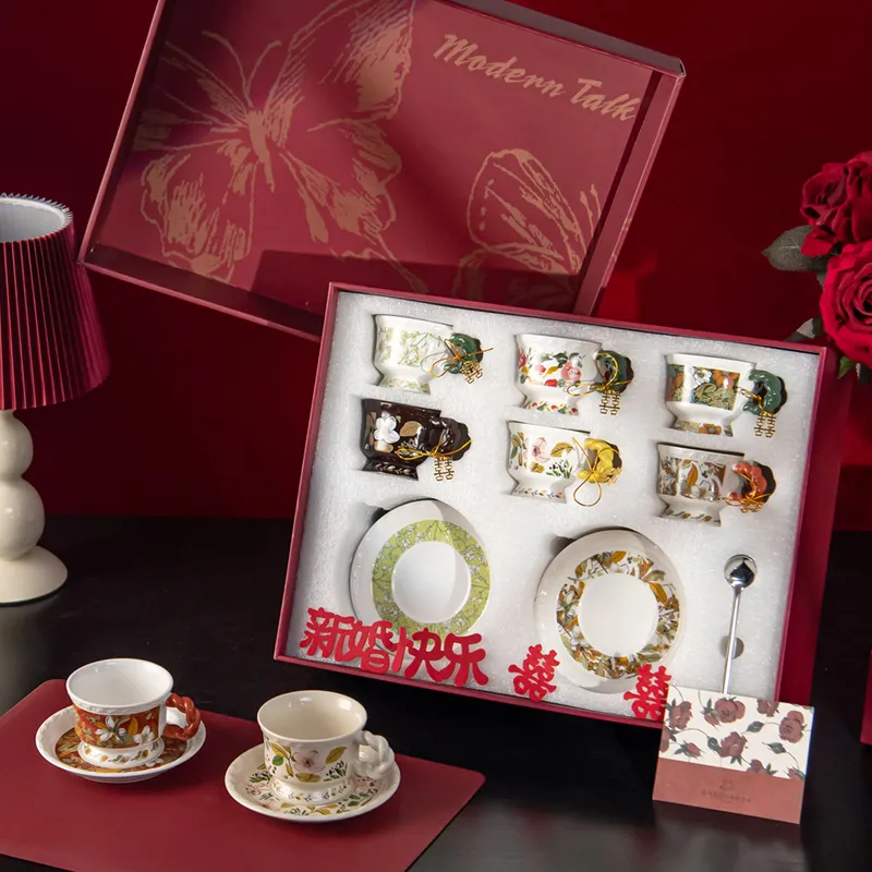 Wedding Party Gift Ceramic 300ml Fashion 6-piece Tea Cup and Saucer Set