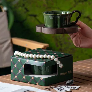 Modern Ceramic Coffee Mug & Saucer Set Premium Drinkware with Pearl Gift Box