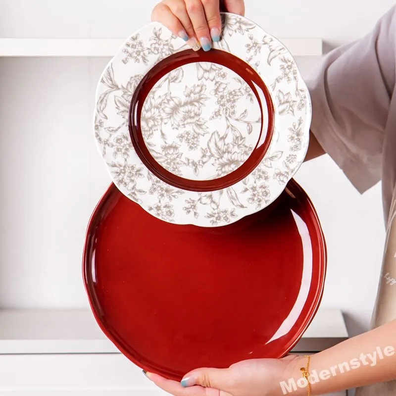 Red Style Ceramic Plate Porcelain Tableware Wedding Floral Dish