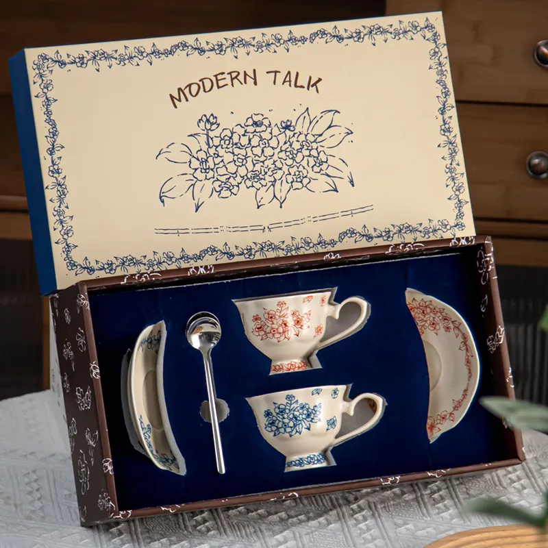 French Vintage Blue Floral Coffee Cup Set