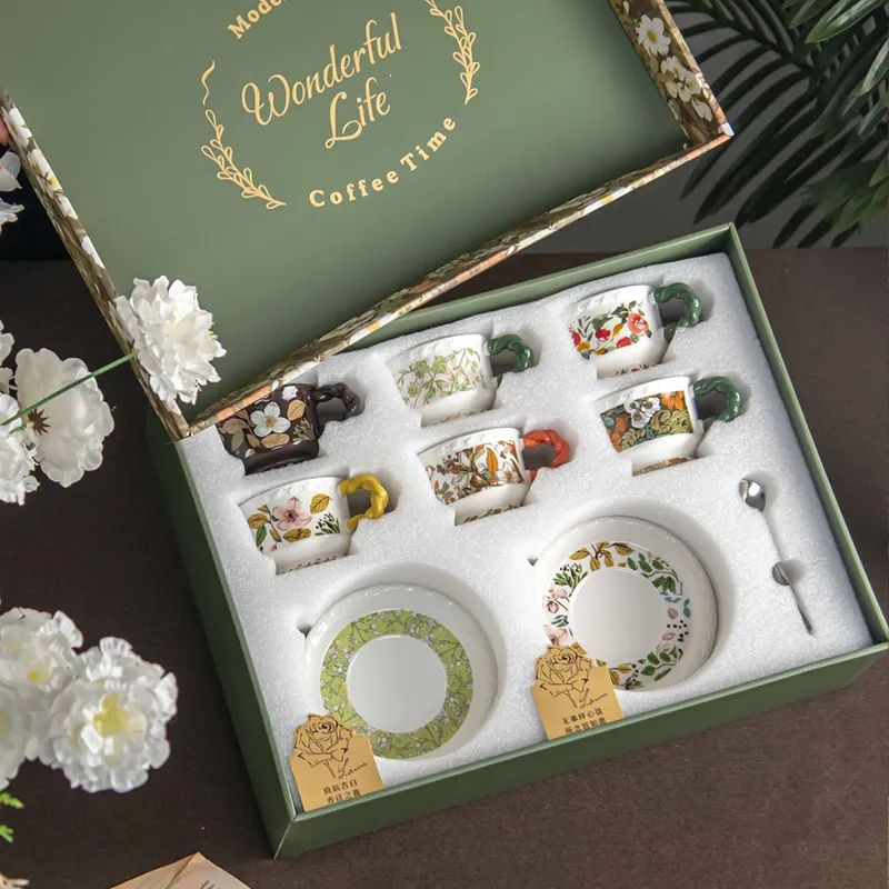 Ceramic 300ml Fashion 6-piece Tea Cup and Saucer Set for Wedding Party Gift 