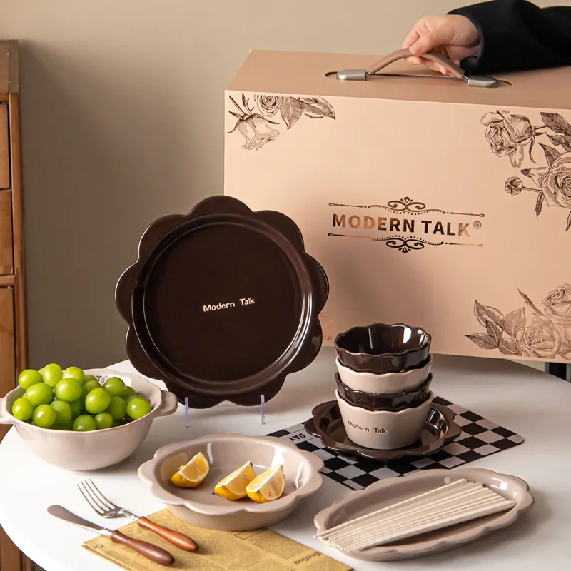 Latte Glazed Ceramic Tableware Gift Set Flower-Rim Porcelain Plates and Bowls with Elegant Gift Box