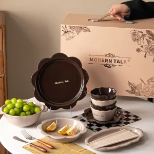 Latte Glazed Ceramic Tableware Gift Set Flower-Rim Porcelain Plates and Bowls with Elegant Gift Box