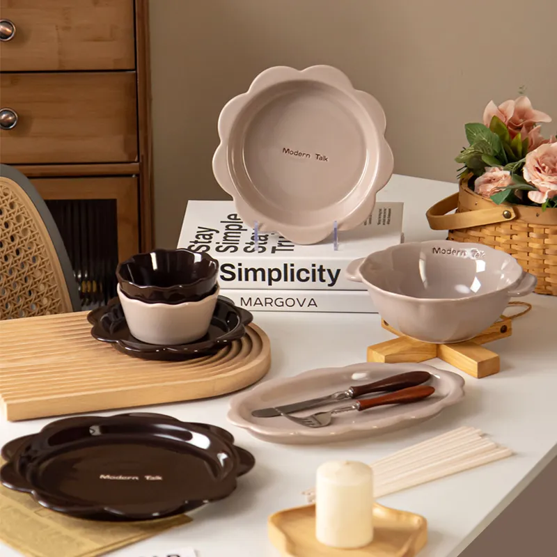 Modern Talk Latte Ceramic Dinnerware Set Elegant Flower-Edge Plates, Bowls
