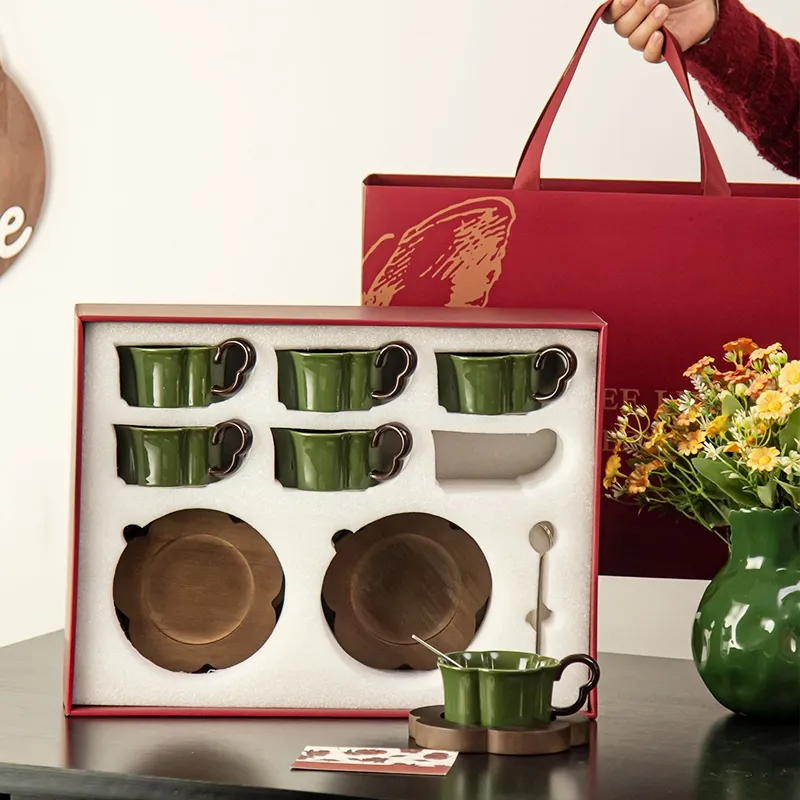 High-End Ceramic Green Coffee Mug Collection with Wooden Coasters and Gift Bag