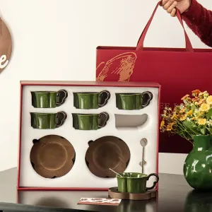 High-End Ceramic Green Coffee Mug Collection with Wooden Coasters and Gift Bag