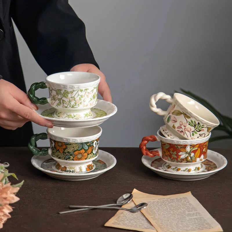 Twisted Handle 300ml Coffee Tea Cups Saucer Set for Party and Wedding