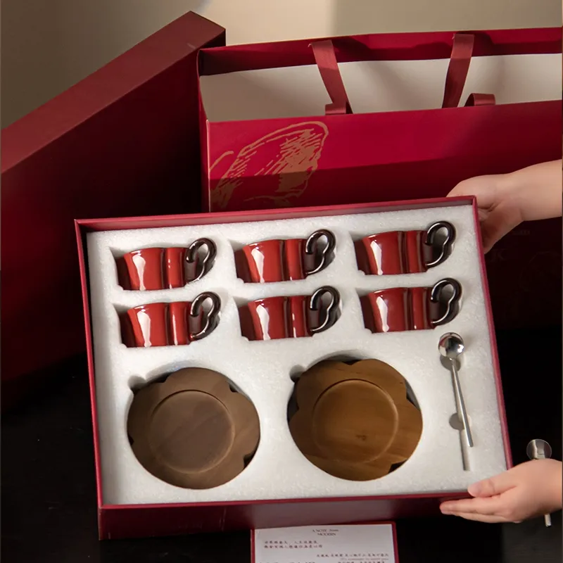 Ceramic Red Coffee Mug Collection with Wooden Coasters and Gift Bag